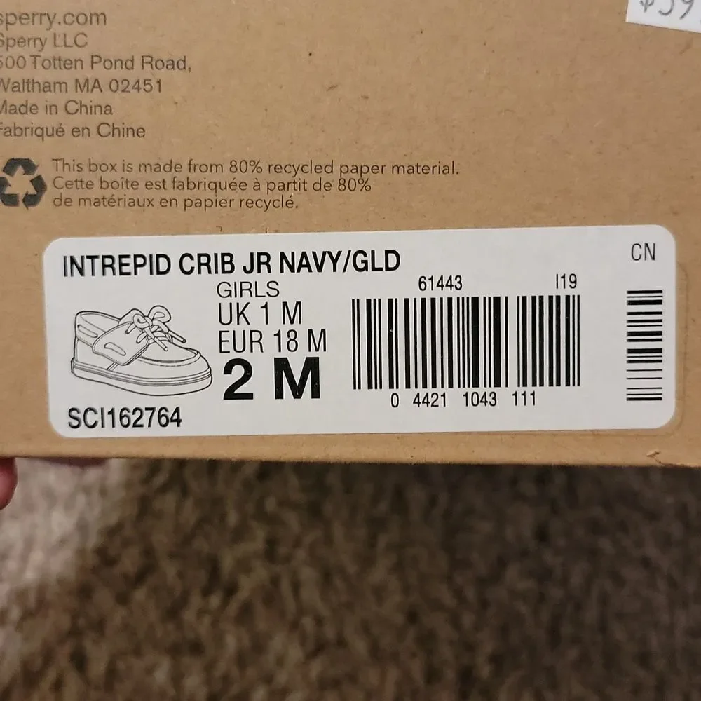 New Sperry Crib Jr Navy/Gold Shimmer